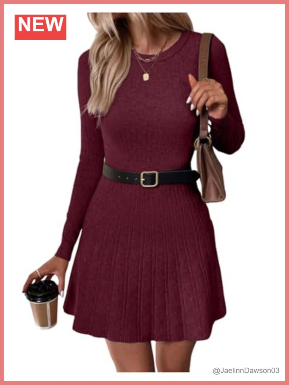 Ribbed Knit A-Line Sweater Dress Long Sleeve Round Neck Mini